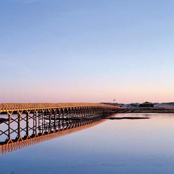 Wooden bridge at sunset in Algarve